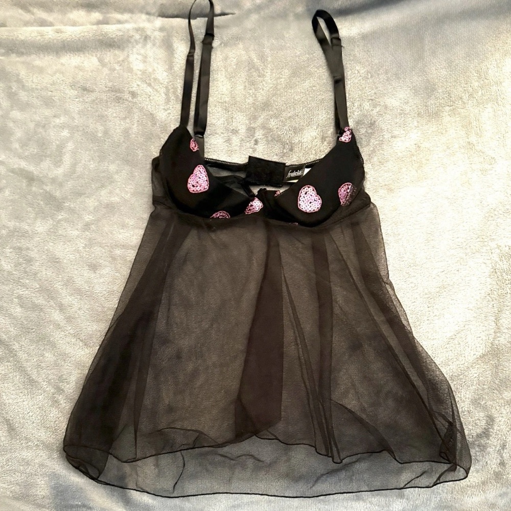 Frederick's of Hollywood Black and Pink Heart Babydoll